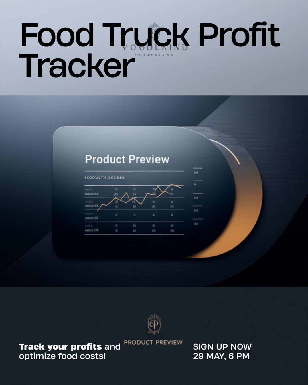 Food Truck Profit Tracker preview (dark) — food cost %, prime cost, sales by event — Snatched Schedule