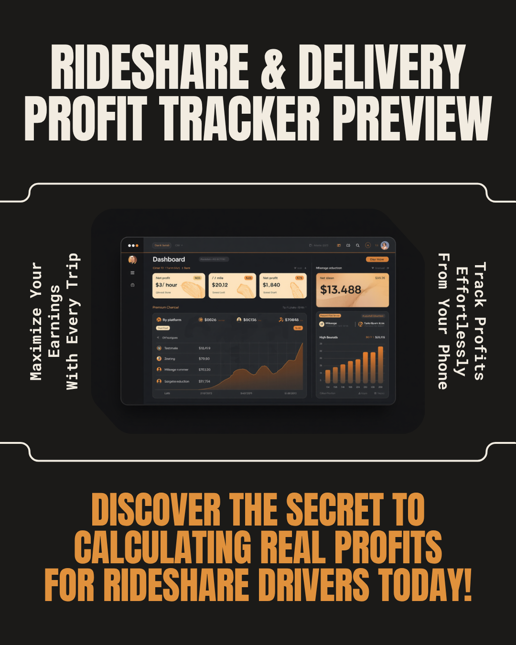 Rideshare & Delivery Profit Tracker preview (dark) — profit per hour, mileage — Snatched Schedule